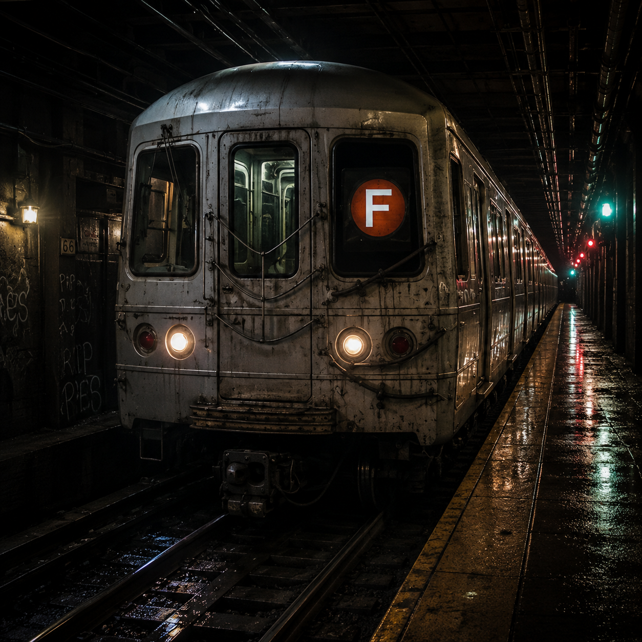NYC F train traveling through a dark subway tunnel.
